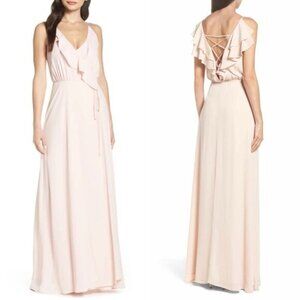 WAYF The Jamie Maxi Dress Ruffle Wrap Attached Tie Waist Gown Ballet Pink XXS